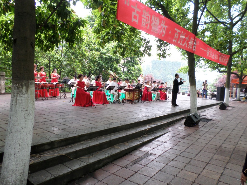 An outdoor performance on a spick-and-span open air concert hall.
